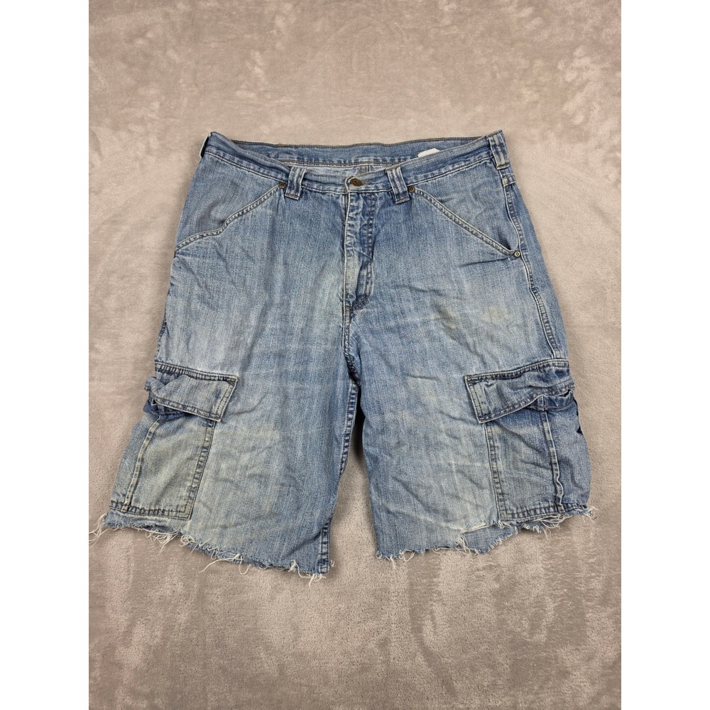 Vintage Lee Dungarees Cargo Shorts Mens 34 Blue Denim Cut Off Raw Hem Y2K Work